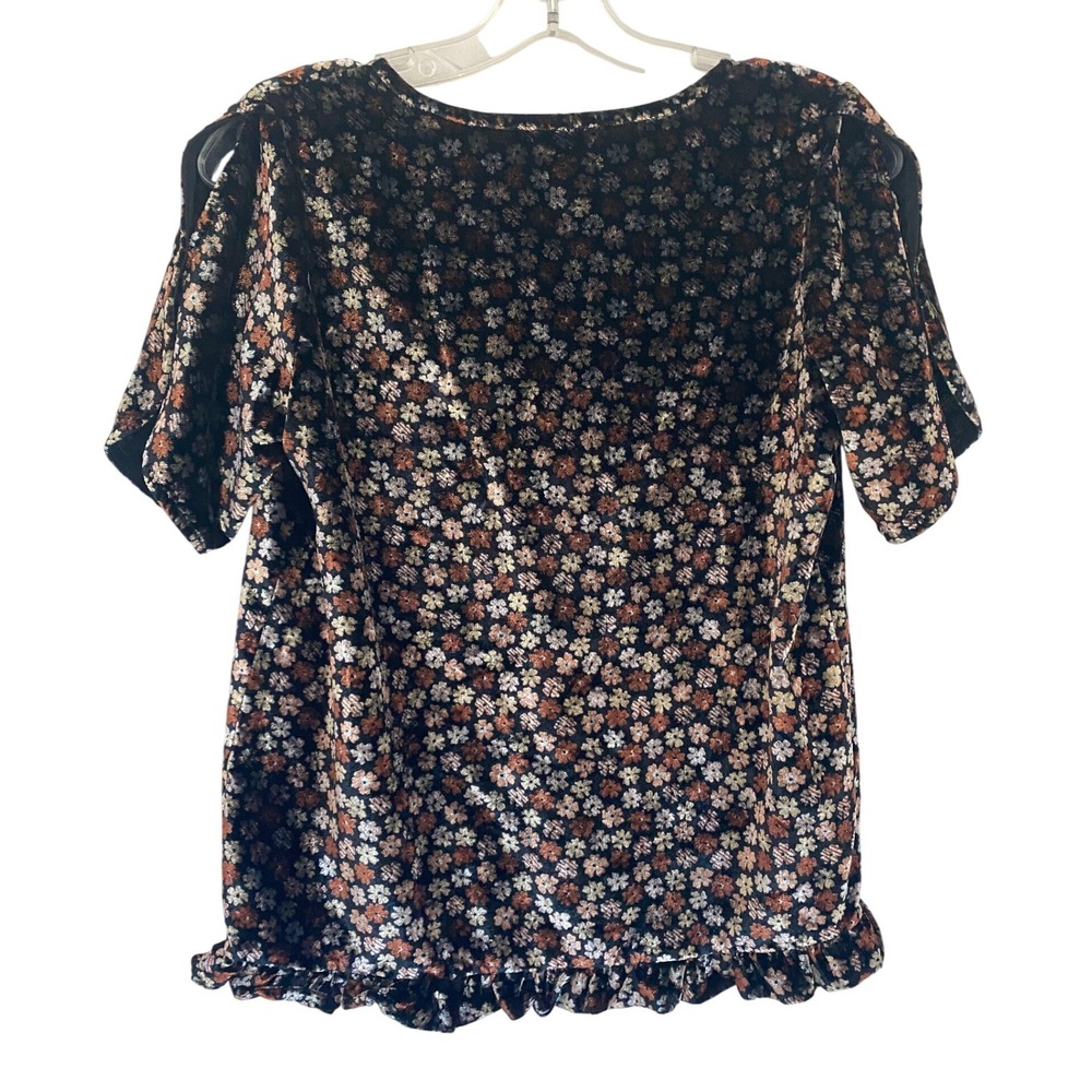 Madewell Velvet Split Sleeve Ruffle Hem Floral Top Black Brown K2795 XS - Picture 8 of 13